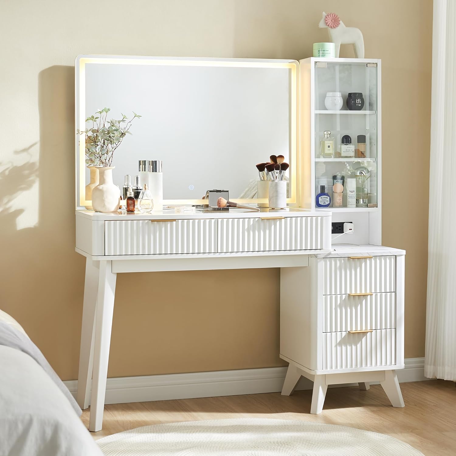 48" Fluted Makeup Vanity Desk with Large 36" Mirror and Lights