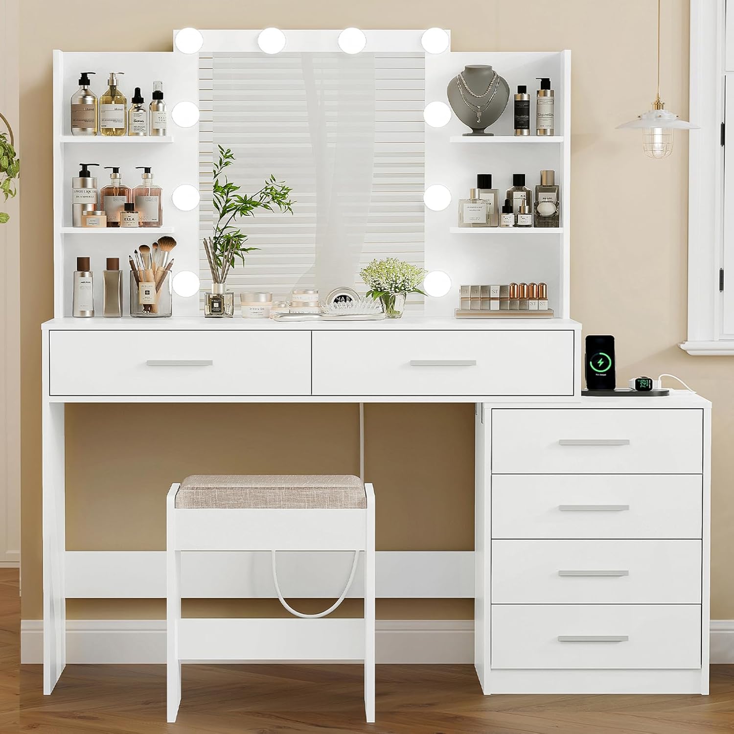 Large Vanity Desk with LED Lighted Mirror & Power Outlet Makeup Vanity Table