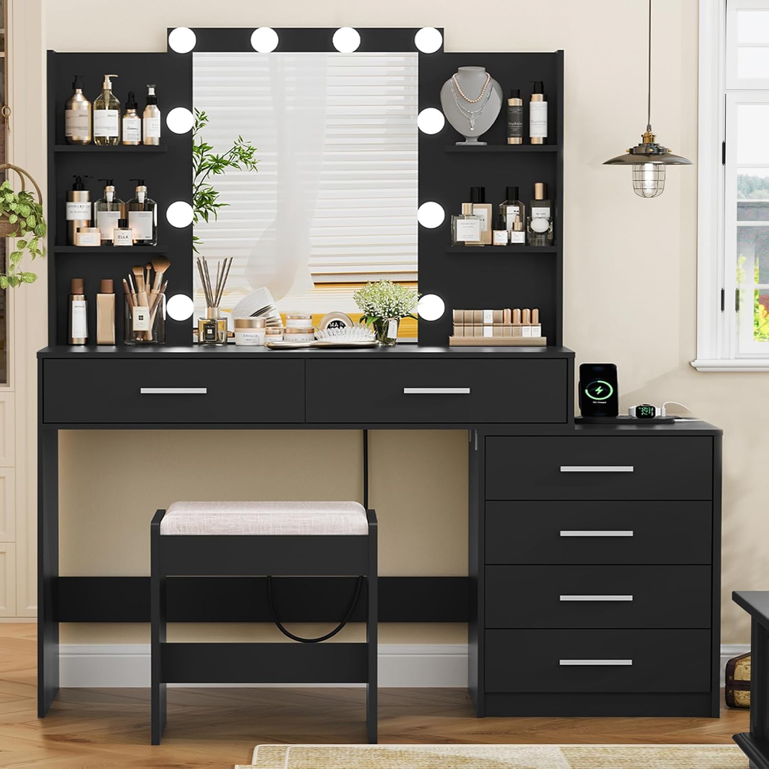 Large Vanity Desk with LED Lighted Mirror & Power Outlet Makeup Vanity Table