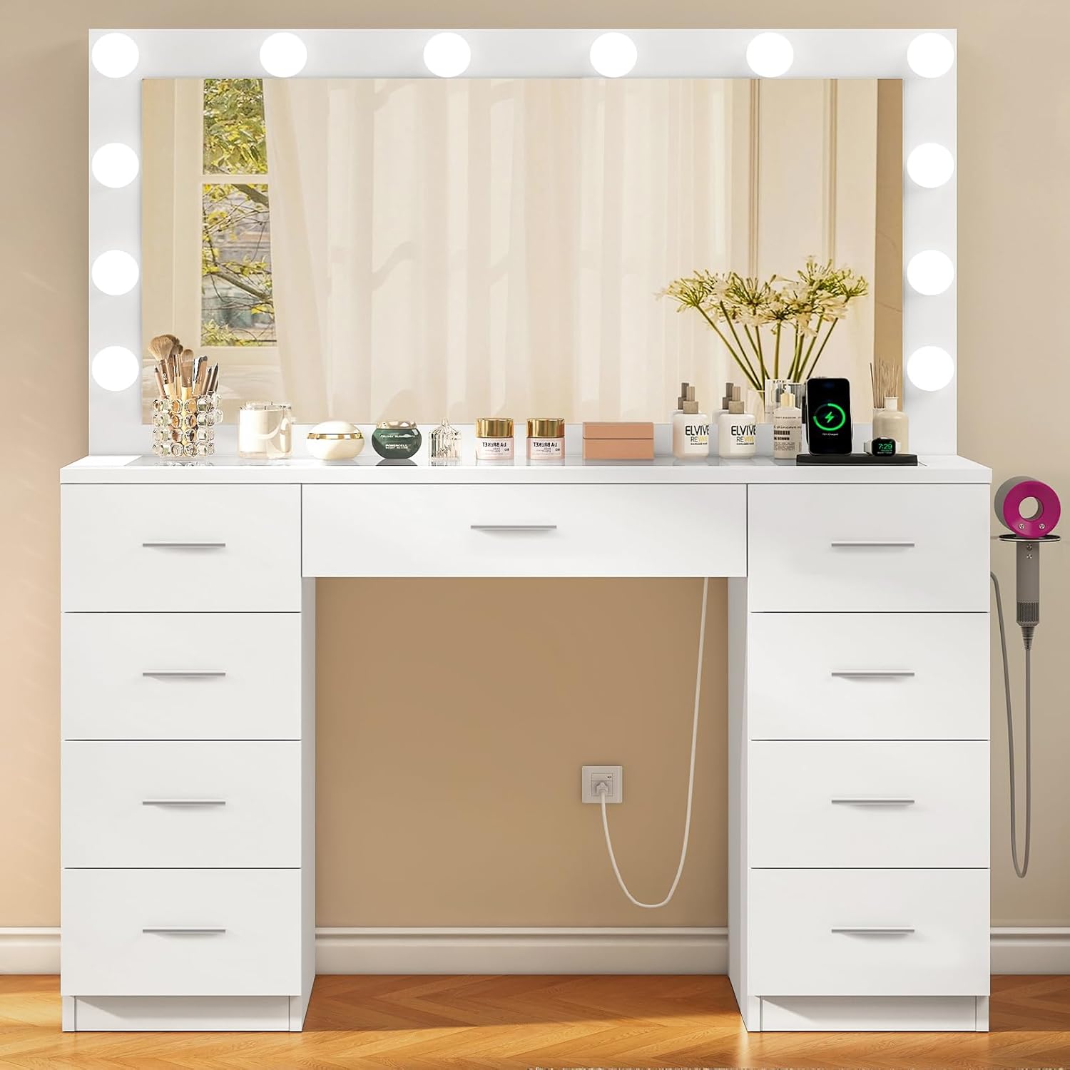 Large Vanity Desk with LED Lighted Mirror & Power Outlet Makeup Vanity Table