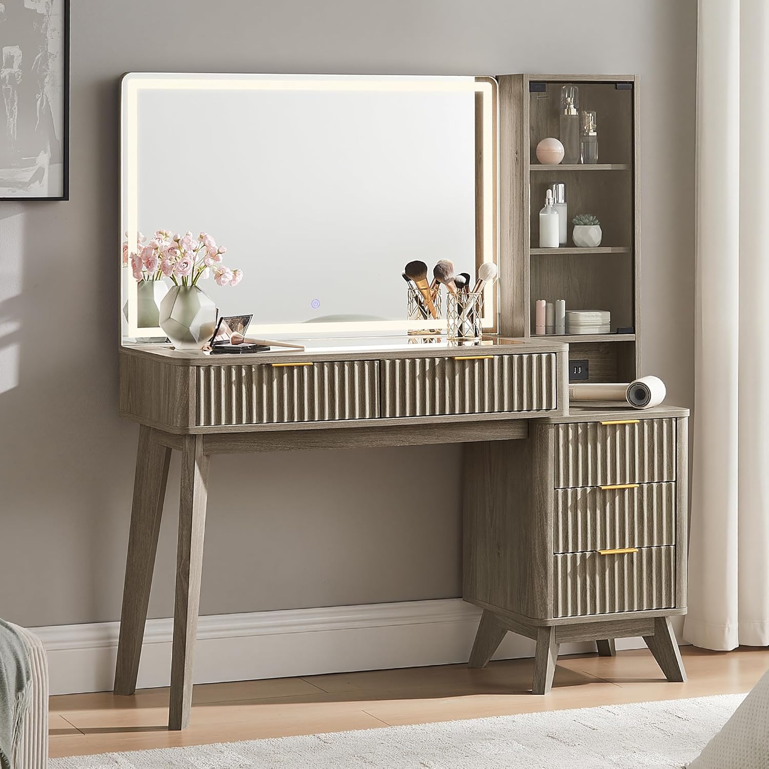48" Fluted Makeup Vanity Desk with Large 36" Mirror and Lights