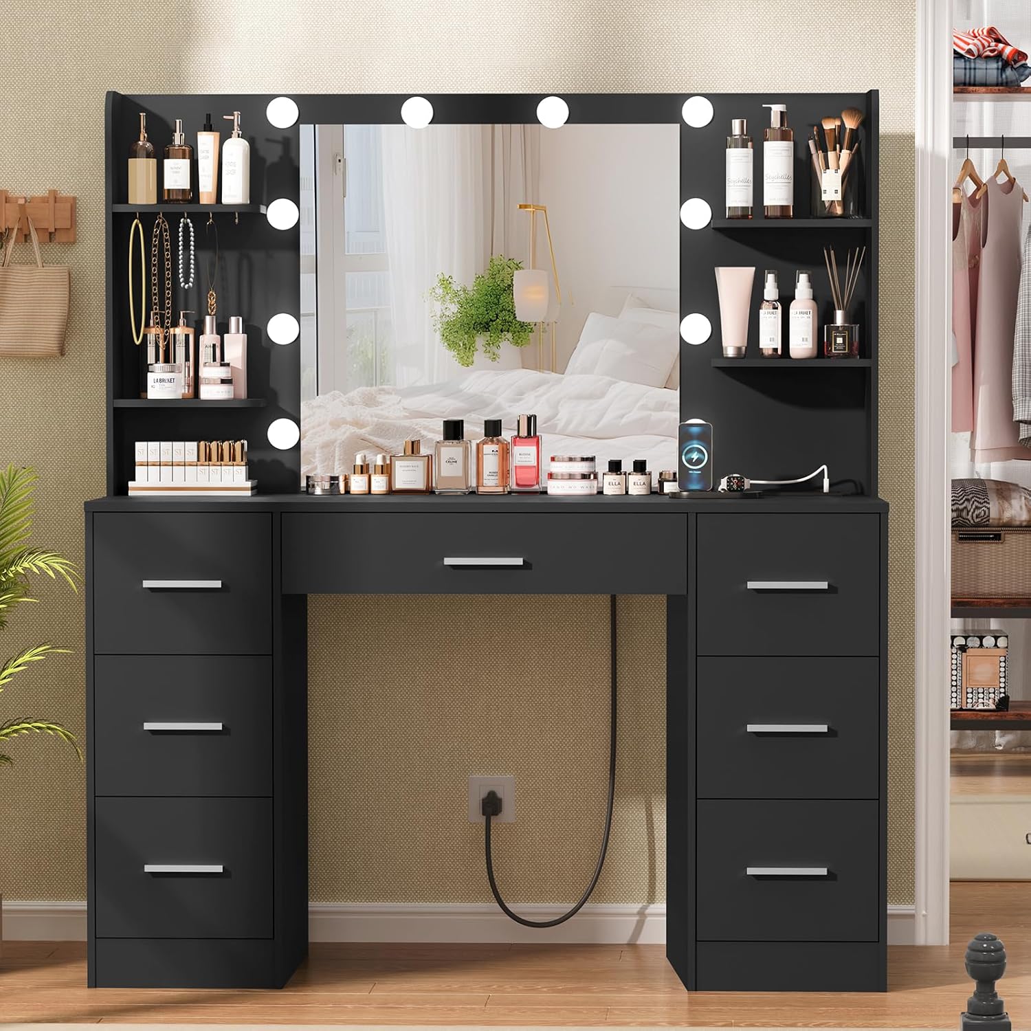 Large Vanity Desk with LED Lighted Mirror & Power Outlet Makeup Vanity Table