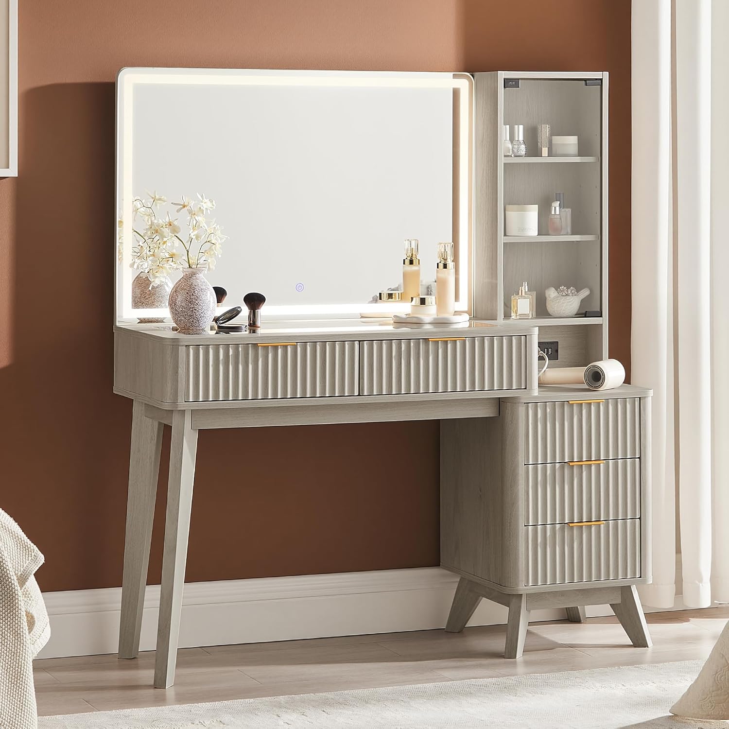 48" Fluted Makeup Vanity Desk with Large 36" Mirror and Lights