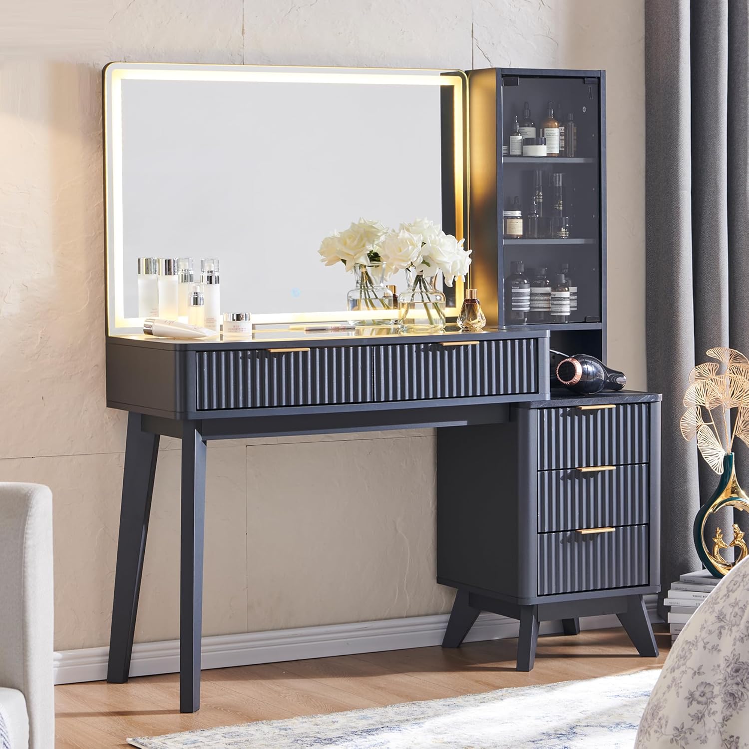 48" Fluted Makeup Vanity Desk with Large 36" Mirror and Lights
