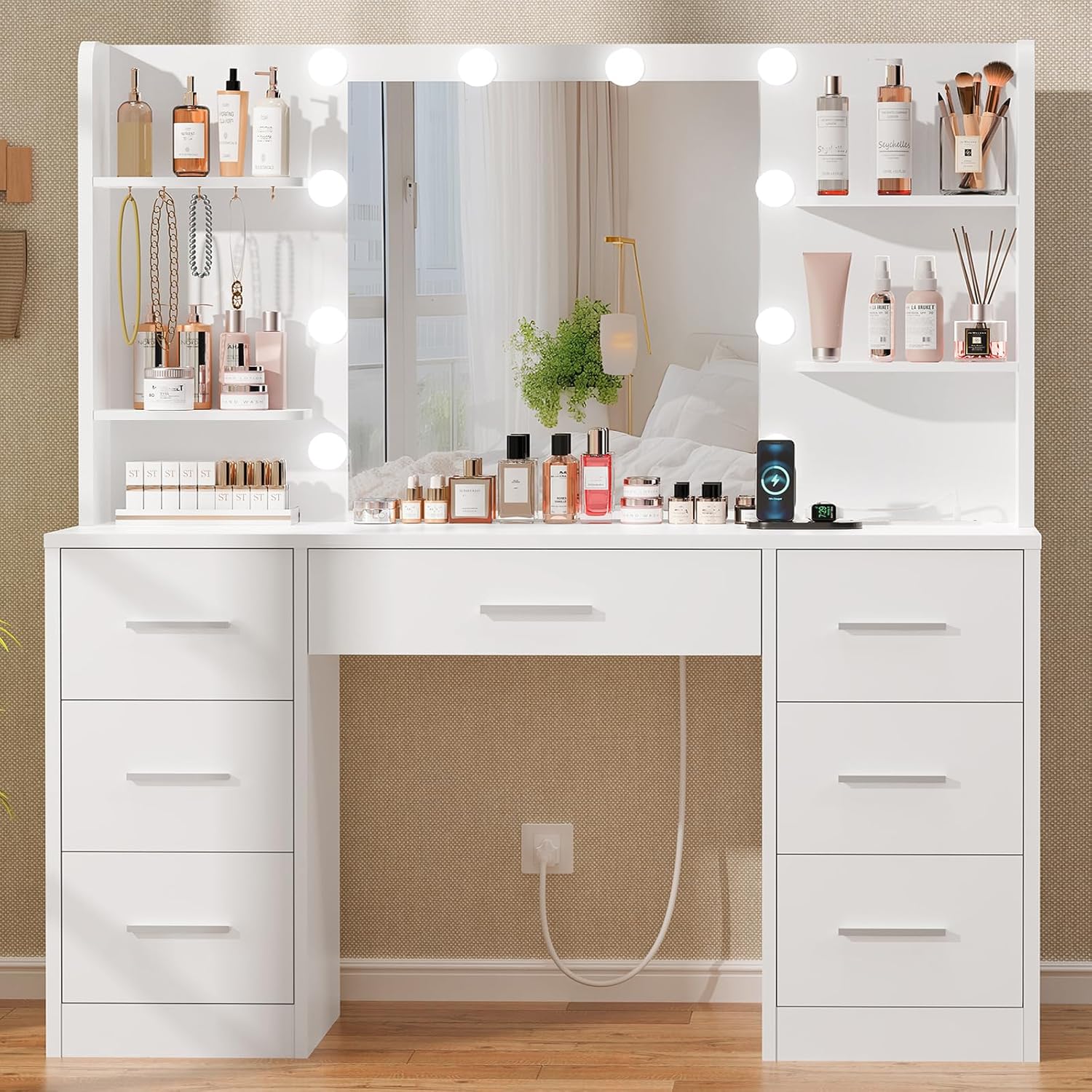 Large Vanity Desk with LED Lighted Mirror & Power Outlet Makeup Vanity Table