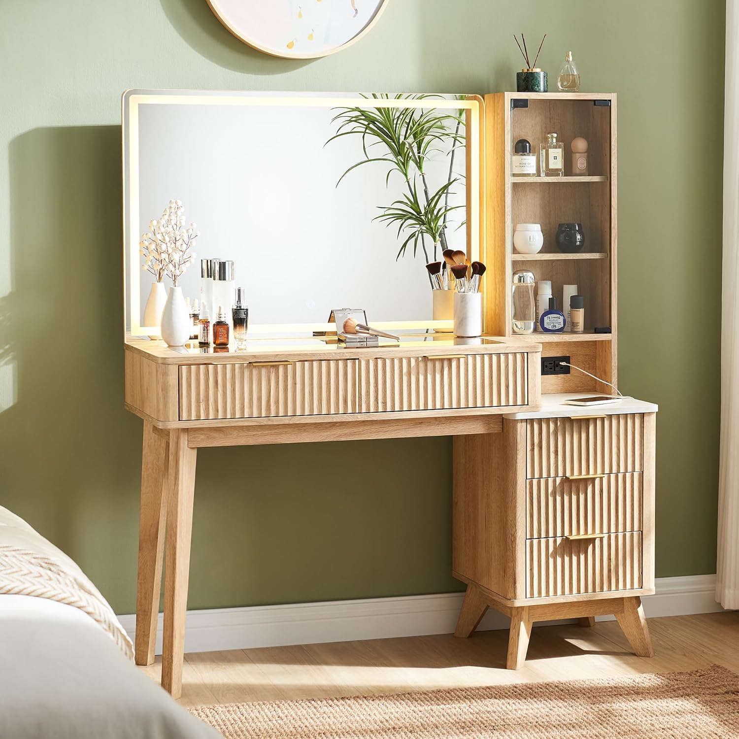 48" Fluted Makeup Vanity Desk with Large 36" Mirror and Lights
